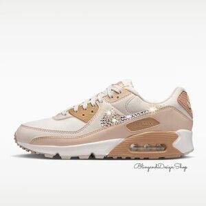 Bling Nike Women's Air Max 90 Shoes Cream Tan Customized With Swarovski Crystals